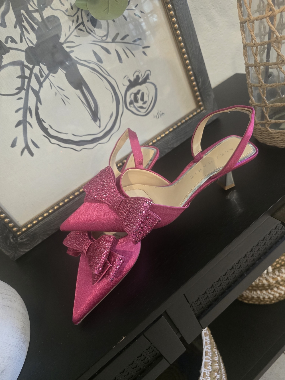 Alex Marie Women’s Wendy Pink Slingback Pointed Toe Block Heel Rhinestone Bow 8